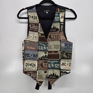 Vtg Nadia Tapestry Vest State License Plate Womens Medium Button Up USA Travel